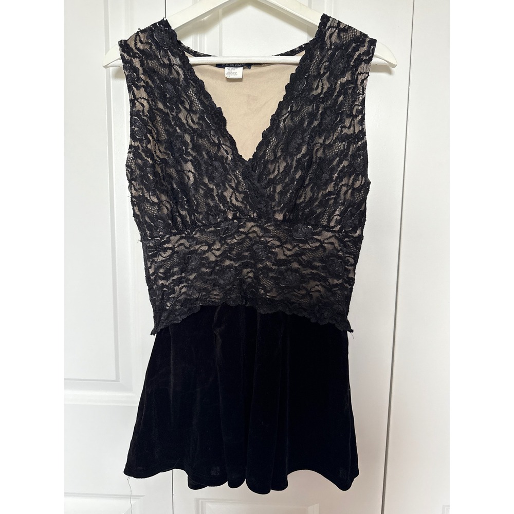 Boston Proper Womens Black Lace Velvet Peplum Top V-Neck Sleeveless M